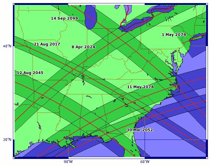 Multiple 21st Century Eastern US Solar Eclipse Track Crossings